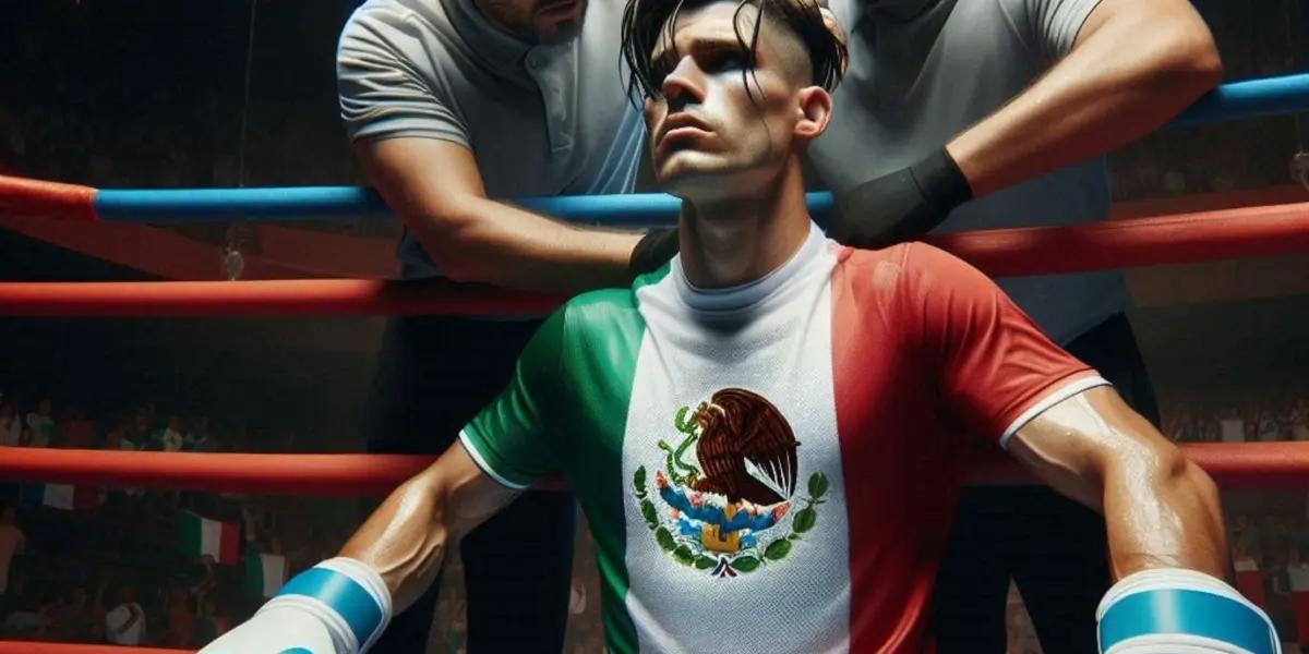 Boxeador mexicano contra las cuerdas en un ring de box (Fuente: IA Microsoft Desing) 