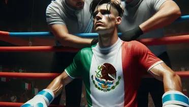 Boxeador mexicano contra las cuerdas en un ring de box (Fuente: IA Microsoft Desing) 