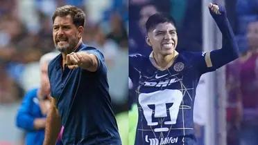 Gustavo Lema dirige partido de fútbol, mientras Piero Quispe festeja gol (Fuente: Mexsports y Pumas) 