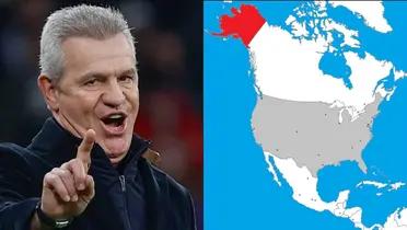 Javier Aguirre dirigiendo un partido de fútbol, a la derecha, el mapa de norte América (Fuente: As y Saber Práctico) 