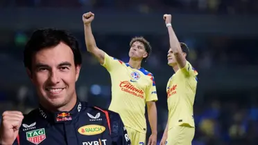 Igor Lichnovsky e Israel Reyes celebrando en el Estadio Azteca y Sergio Pérez | Foto: Récord