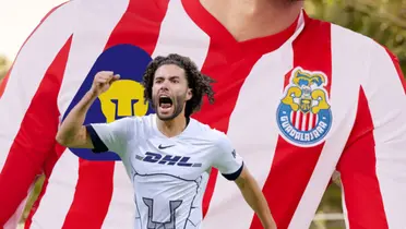 Playera del Guadalajara y César Huerta celebrando/Foto Chivas.