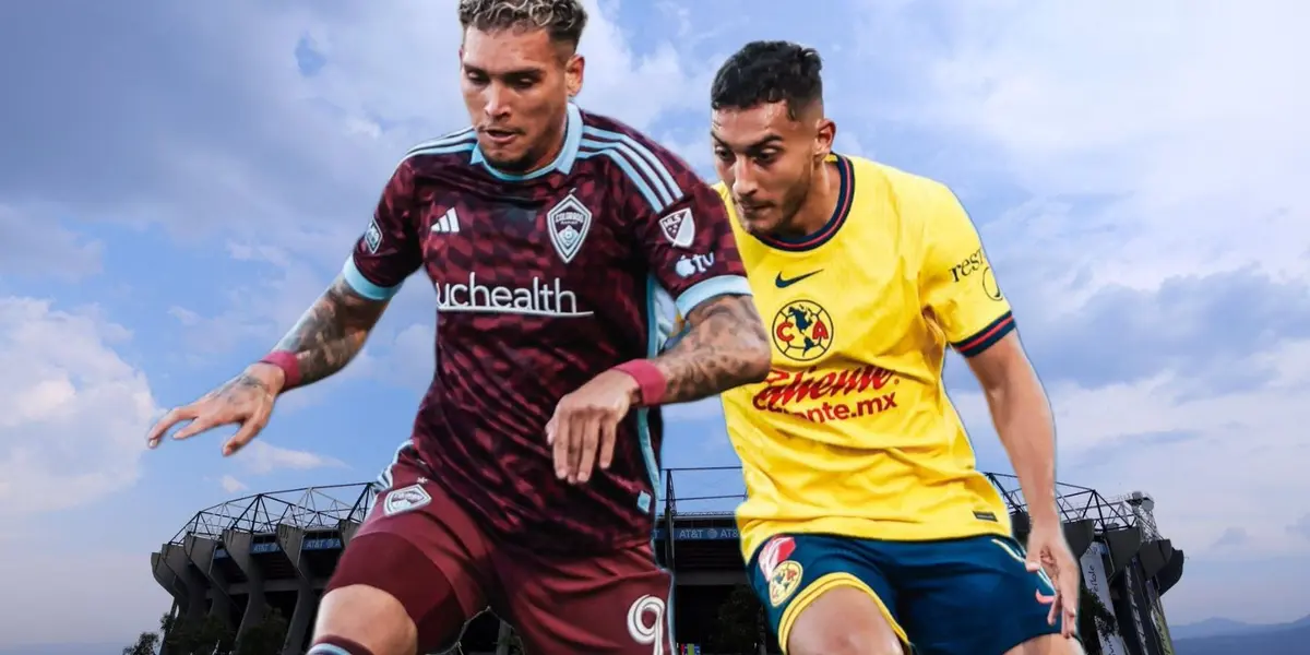 Sebastián Cáceres vs Colorado y al fondo el Estadio Azteca (Foto: Imago7)