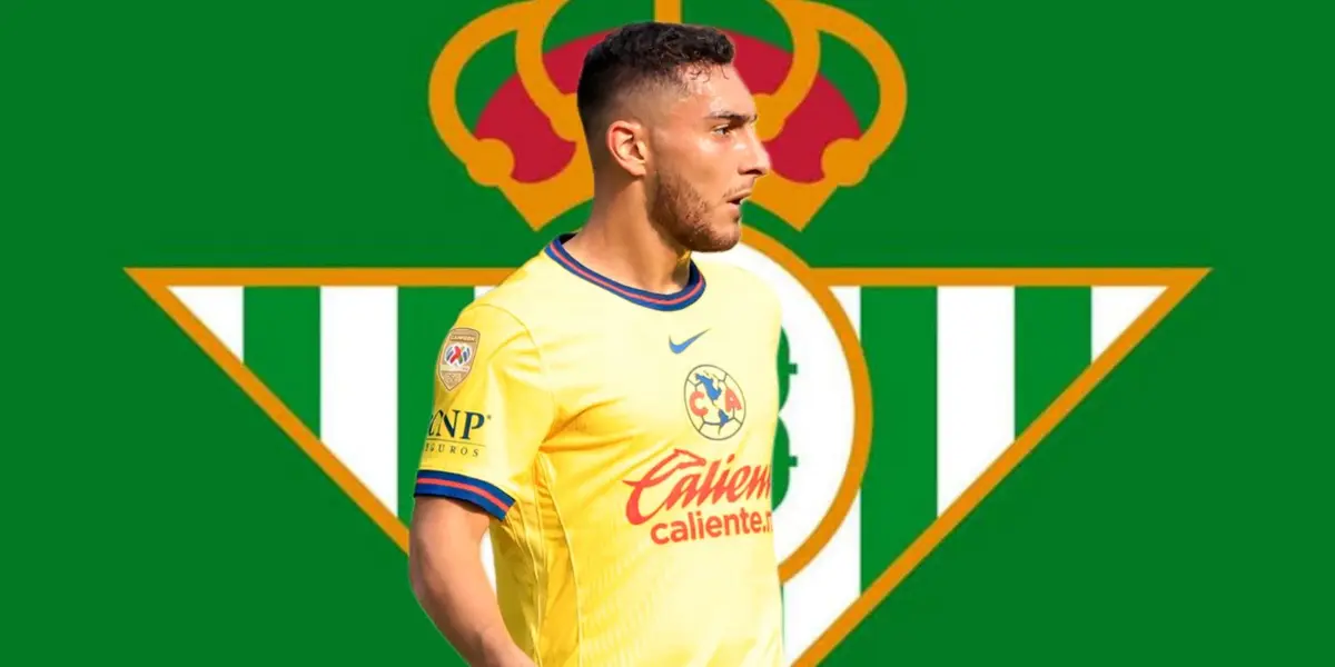 Sebastián Cáceres y al fondo el escudo del Real Betis (Foto: GettyImages)